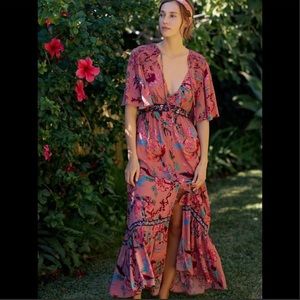 GORGEOUS ANTHROPOLOGIE FLORAL RUFFLED EMBROIDERED MAXI DRESS SIZE S